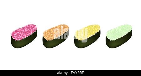 Japanische Küche, Illustration von leckeren rosa, Orange, gelb und grün Ebiko Sushi, Tobiko Sushi oder fliegender Fisch Kaviar Sushi Stockfoto