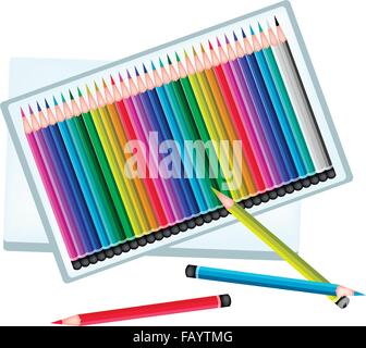 Kunst zu liefern, eine Schachtel mit Buntstift Buntstifte in einer Auswahl von Farben für die Skizze und zeichnen Sie ein Bild isoliert auf weißem Zeitmessung Stock Vektor