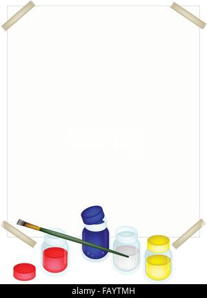 Rote, blaue und gelbe Plakat Farbe Farbe Gläser mit Handwerk Pinsel oder Künstler Pinsel und eine Zeichnung Papier zum Zeichnen und malen A Stock Vektor