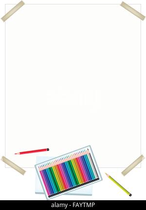 Kunst zu liefern, eine Schachtel mit Buntstift Buntstifte in einer Zusammenstellung von Farben auf einer Zeichnung Papier für Skizze legen und zeichnen Sie ein Bild. Stock Vektor