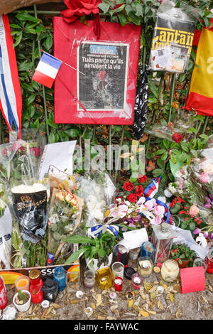 Hommagen an die Opfer der Terroranschläge vom 13. November 2015 im Theatre Bataclan, Paris, Frankreich. Stockfoto