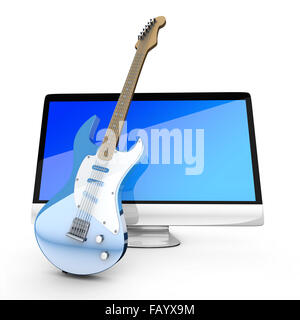 Digitale Gitarre - A alle auf einem Computer mit einer Gitarre. 3D Illustration. Isoliert auf weiss. Stockfoto