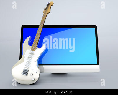Digitale Gitarre - A alle auf einem Computer mit einer Gitarre. 3D Illustration. Stockfoto