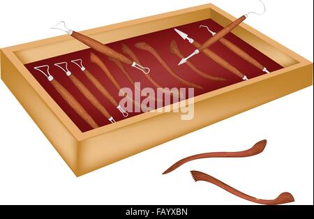 Eine Illustration Sammlung von Formen-Werkzeuge zum Schneiden und Formen der Lehm für erstellen eine Skulptur in einem schönen hölzernen Stora Stock Vektor