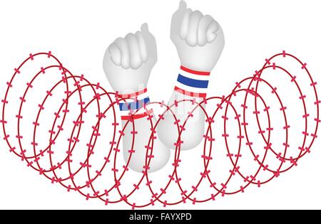 Democraycy Symbol, A ballte die Faust hob in der Luft mit Thailand Flagge Armband nach Stacheldraht Barriere für gegen Gover Stock Vektor