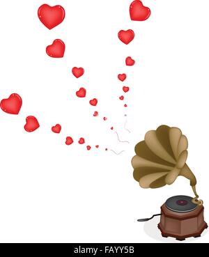 Liebe-Konzept, eine goldene Schallplatten oder Plattenspieler spielen romantische Musik auf schönen braunen Hintergrund mit textfreiraum für Text Decora Stock Vektor