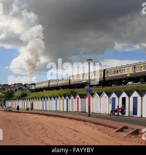 7827 Hols Lydham Manor einen Zug vorbei an den Strandhütten der Goodrington Sand, Paignton, Devon, an einem teilweise bewölkten Spätsommertag Stockfoto