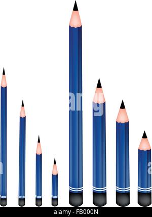 Kunst zu liefern, einen Abbildung unterschiedlicher Größe von geschärften detaillierte Bleistifte für Schreib- oder Skizze und zeichnen Sie ein Bild. Stock Vektor