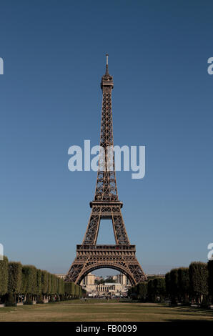 Der Eiffelturm aus dem Jardin du Champ de Mars in Paris, Frankreich. Stockfoto