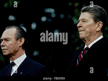 Washington, DC, USA, 13. November 1984 Präsident Ronald Reagan liefert Hinweise auf die Begrüßungszeremonie für den Großherzog und die Großherzogin von Luxemburg Kredit: Mark Reinstein Stockfoto