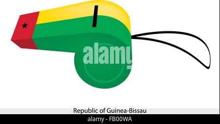 Ein schwarzer Stern auf einem roten vertikalen Band mit horizontalen gelben und grünen Bands der Republik Guinea Bissau Flagge auf einen Pfiff. Stock Vektor