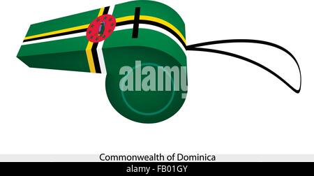 Der nationale Vogel-Emblem auf gelb, schwarz und weiß Kreuz ein grünes Feld des Commonwealth of Dominica Flagge auf eine Pfeife, die S Stock Vektor