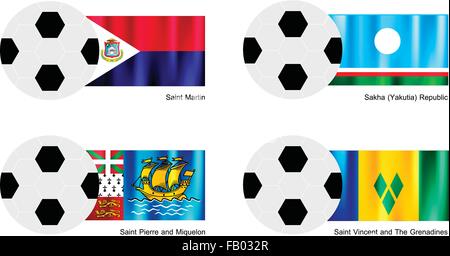 Zur Veranschaulichung der Fußbälle oder Fußbälle mit Flaggen von Saint Martin, Republik Sacha (Jakutien), Saint Pierre und Miquelon und Stock Vektor