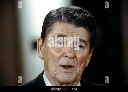 Washington, DC, USA, 18. Juni 1985 Präsident Ronald Reagan Pressekonferenz im East Room des weißen Hauses: Mark Reinstein Stockfoto