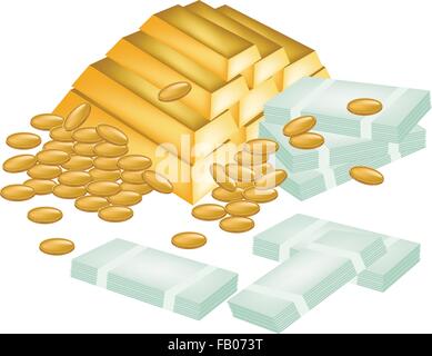Vektor-Illustration der Stapel von Geld, Goledn Münzen und Goldbarren, Isolated on White Background. Stock Vektor