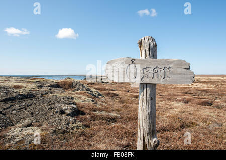 Hölzerne Wegweiser die Richtung des Osar, Island, ein beliebter Badeort an der isländischen Küste unterwegs Stockfoto