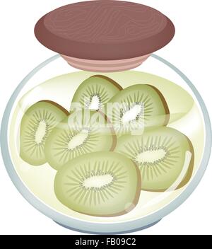 Obst, eine Darstellung der erhaltenen Kiwi, Kiwi Marmelade oder Kiwi-Kompott in Sirup aus Wasser und Zucker in Glas isoliert auf weiß Ba Stock Vektor