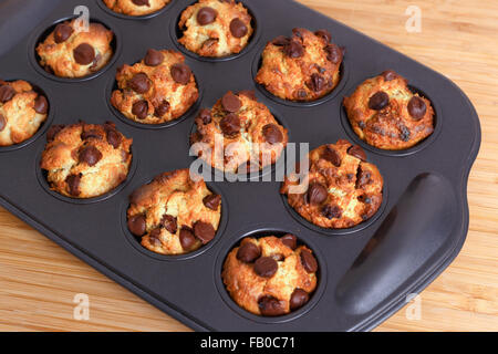 Muffins mit Schokoladenstückchen in Backblech frisch und hausgemacht Stockfoto