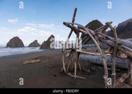 Treibholz auf der Küste von Oregon in der Nähe die Felsformationen am Strand von Pistol River State Aussichtspunkt. Stockfoto