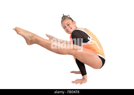 Teenager-Mädchen in Gymnastik Outfit isoliert in weiß Stockfoto