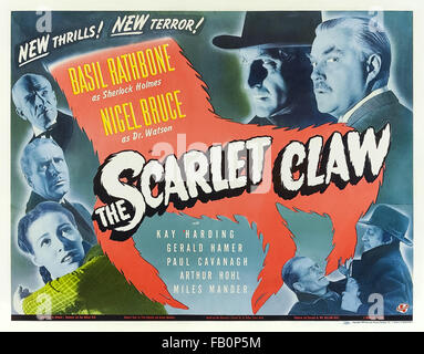 Plakat für "The Scarlet Klaue" 1944 Sherlock Holmes Film unter der Regie von Roy William Neill und Darsteller Basil Rathbone (Holmes); Nigel Bruce (Watson) und Paul Cavanagh (Lord Penrose). Siehe Beschreibung für mehr Informationen. Stockfoto