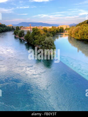 Rhone und Arve Fluss-Mündung bei Sonnenuntergang, Genf, Schweiz, HDR Stockfoto