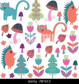 Cute animals seamless pattern with cats and hedgehogs and seamless pattern in swatch menu, vector Stock Vektor
