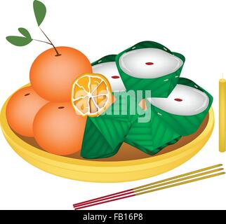 Gefüllte Teig-Pyramide-Dessert und chinesischen Pudding oder chinesische Leckerei mit süßer Orange für Pay gegenüber Gott in chinesischen neuen Y Stock Vektor