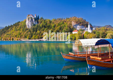 Traditionelle Holzboote am Bleder See. Stockfoto