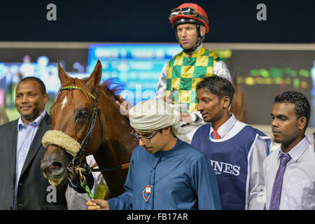 DUBAI, Vereinigte Arabische Emirate, 7. Januar 2016. Patrick Dobbs an der Rennbahn Meydan gewinnt Al Maktoum Challenge R1 präsentiert von Longines-Saint-Imier-Sammlung. Dobbs Ritt Thakif, im Besitz von seine Hoheit Shaikh Mansour bin Zayed Al Nahyan Credit: Feroz Khan/Alamy Live News Stockfoto