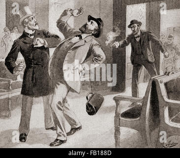 Die Ermordung des Präsidenten James A. Garfield am Baltimore und Potomac Railroad Station, Washington D.C., Amerika am 2. Juli 1881, von Charles Julius Guiteau.  Secretary Of State James G. Blaine steht auf der linken Seite des Bildes. James Abram Garfield, 1831 – 1881.  20. Präsident der Vereinigten Staaten.  Charles Julius Guiteau, 1841 – 1882.  US-amerikanischer Schriftsteller und Rechtsanwalt.  James Gillespie Blaine, 1830-1893.  Amerikanischer Staatsmann und Politiker. Stockfoto