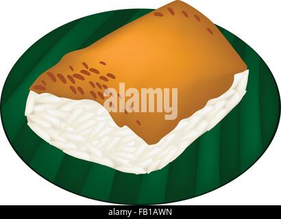 Thai Dessert, eine Illustration des süßen klebrigen Reis garniert mit gedünstetem Eiercreme auf grünen Bananenblatt. Stock Vektor