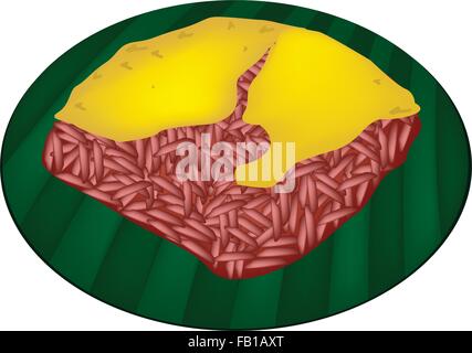 Thai Dessert, eine Illustration des roten klebrigen Reis garniert mit gedünstetem Eiercreme auf grünen Bananenblatt. Stock Vektor