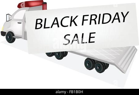 Ein Tieflader, Traktoranhänger oder Flachbett Sattelschleppers liefern riesige schwarze Freitag Karte für Start-Weihnachts-Shopping Meer Stock Vektor
