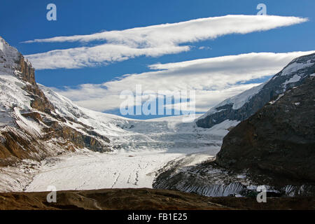 Zurückziehenden Athabasca Gletscher, Teil des Columbia Icefield in den kanadischen Rocky Mountains, Jasper Nationalpark, Alberta, Kanada Stockfoto