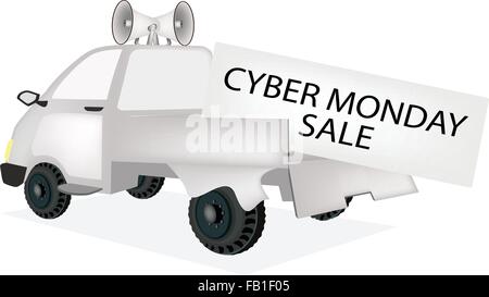 Cyber Monday, ein Pickup-Truck voll mit riesigen schwarzen Freitag Karte zu Beginn Weihnachten Shopping-Saison und größten Rabatt-Aktion Stock Vektor