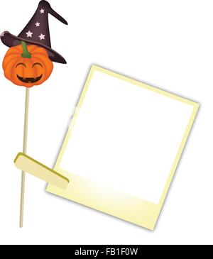 Beispiel für einen Happy Jack-o-Lantern Kürbis tragen einen schwarzen Hexenhut mit leeren Sofortbild-Prints, für Halloween feiern Stock Vektor