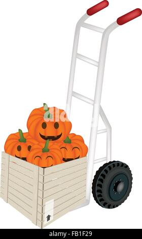 Hand, LKW oder Dolly laden Holzkiste oder Cargo-Box voll mit Jack-o-Lantern Kürbis und Kürbis Körbe mit Kerzenlicht, S Stock Vektor