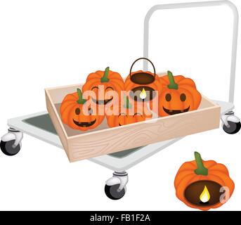 Hand, LKW oder Dolly laden Holzkiste oder Cargo-Box voll mit Jack-o-Lantern Kürbis und Kürbis Körbe mit Kerzenlicht, S Stock Vektor