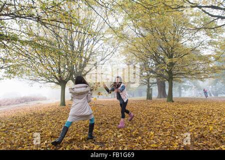 Zwei junge Mädchen spielen, werfen Blätter, im Wald, Herbst Stockfoto