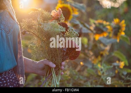 Blick auf Frau mit frischen Blumen und Farne bei Zuteilung beschnitten Stockfoto