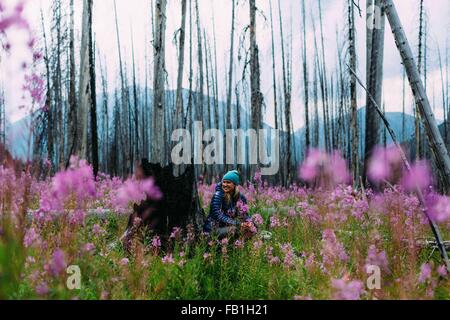 Mitte Erwachsene Frau sitzen verbrannten Baum stumpf Bereich Wildblumen Weg lächelnd Moraine Lake-Banff Nationalpark Alberta Kanada Stockfoto