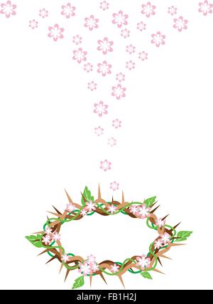 Zur Veranschaulichung der Dornenkrone mit frischen grünen Blättern und fallende rosa Blume aus dem Heiligen Land, als Symbol für die Auferstehung Stock Vektor