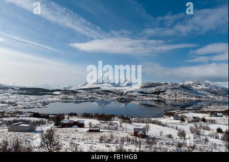 Verschneite Landschaft, Borg, Lofoten Inseln, Norwegen Stockfoto