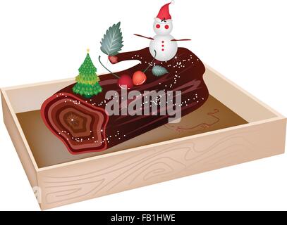 Ein traditioneller Weihnachtskuchen, Yule Log Kuchen oder Buche de Noel in Holzkiste für Weihnachtsfeier. Stock Vektor