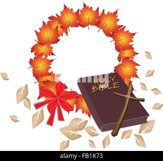 Illustration des braunen überdachte Bibel mit Adventskranz Herbst Ahorn Blätter in der Farbe Orange, Zeichen für Weihnachtsfeier Stock Vektor