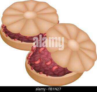Japanische traditionelle Süßspeise Monaka gebildet Azuki Bohnen Marmelade füllen eingeklemmt zwischen zwei knusprigen Waffeln werden geformt wie Kirsche Bl Stock Vektor