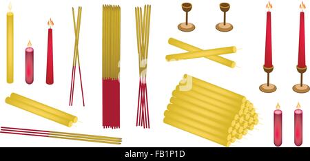 Machen Sie Verdienst Objekte, Illustration von sortierten Kerze, Kerzenständer und Räucherstäbchen, Isolated on White Background. Stock Vektor