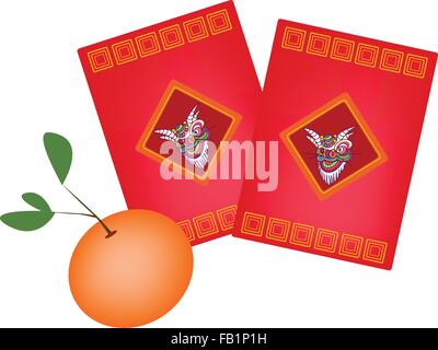 Traditionelles Chinesisch, Illustration von chinesischen Ang Pao oder rotes Kuvert und Reife Orange zum chinesischen Neujahr feiern. Stock Vektor