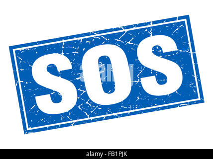 SOS-blauen quadratischen Grunge Stempel auf weiß Stockfoto